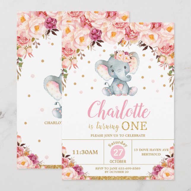 Blush Floral Elephant 1st Birthday Gold Glitter Invitation (Front/Back)