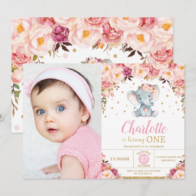 Blush Floral Elephant 1st Birthday Gold Photo Invitation (Front/Back)