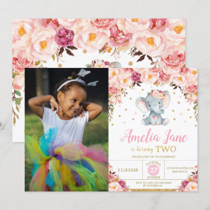 Blush Floral Elephant 2nd Birthday Gold Photo Invitation