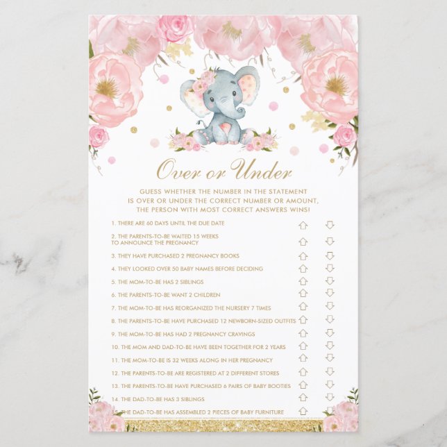 Blush Floral Elephant Baby Over or Under Game (Front)