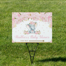 Blush Floral Elephant Baby Shower Birthday Yard Garden Sign