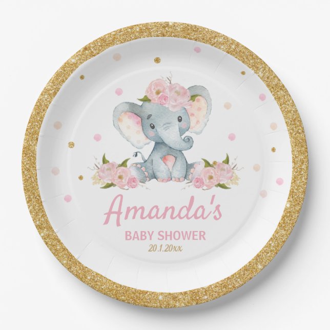 Blush Floral Elephant Baby Shower Girl Paper Plate (Front)