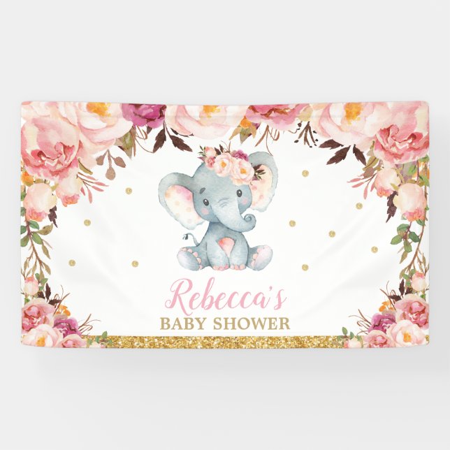 Blush Floral Elephant Baby Shower Party Backdrop Banner (Horizontal)