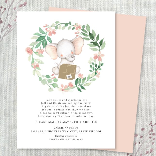 Blush Floral Elephant Baby Sprinkle by mail Invitation (Creator Uploaded)
