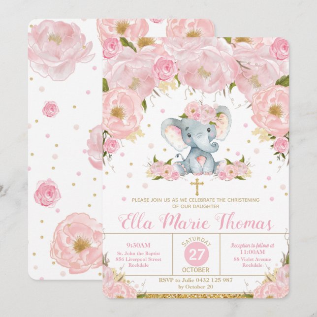 Blush Floral Elephant Baptism Invitations Girl (Front/Back)