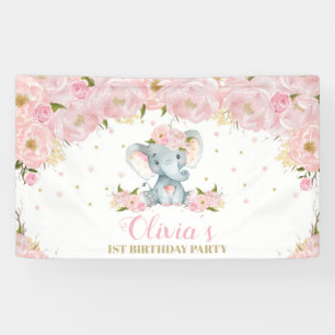 Blush Floral Elephant Birthday Girl Backdrop Decor Banner