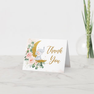 Blush Floral Elephant Over the Moon Baby Shower Thank You Card