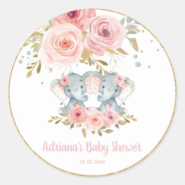 Blush Floral Elephant Twins Baby Girl Shower Favor Classic Round Sticker (Front)