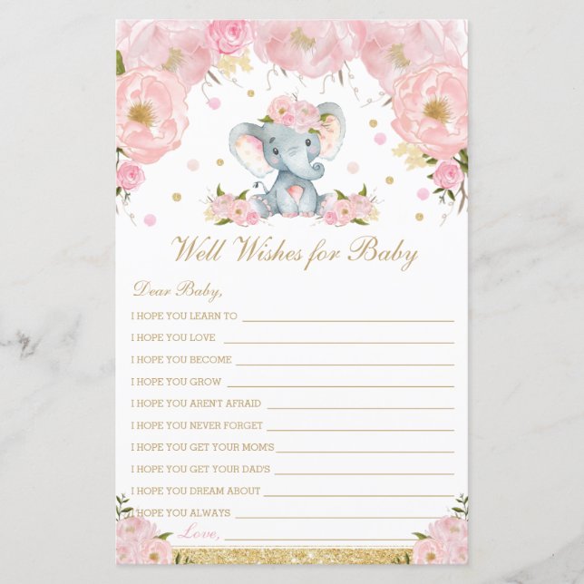 Blush Floral Elephant Well Wishes for Baby Shower (Front)