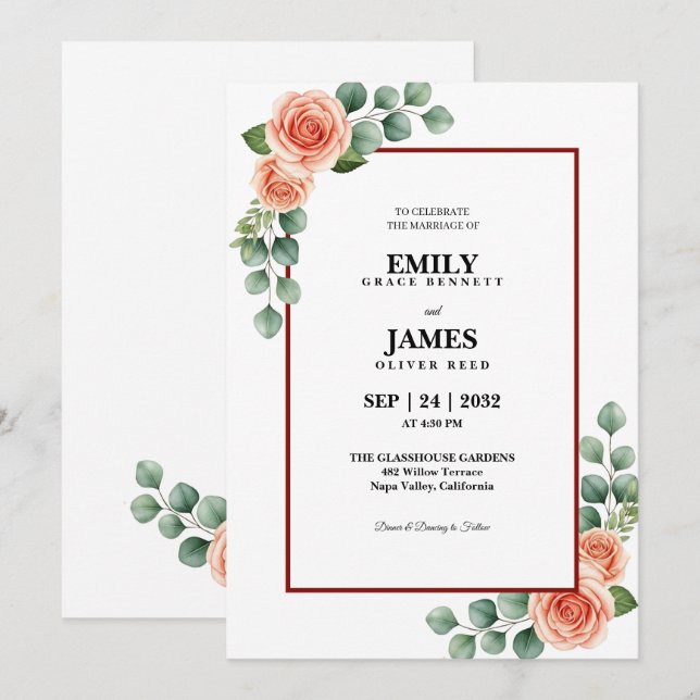 Blush Floral Eucalyptus Border Wedding Invitation (Front/Back)