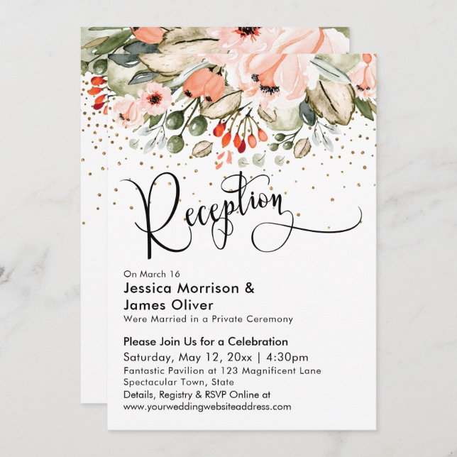 Blush Floral Faux Gold Confetti Wedding Reception Invitation (Front/Back)