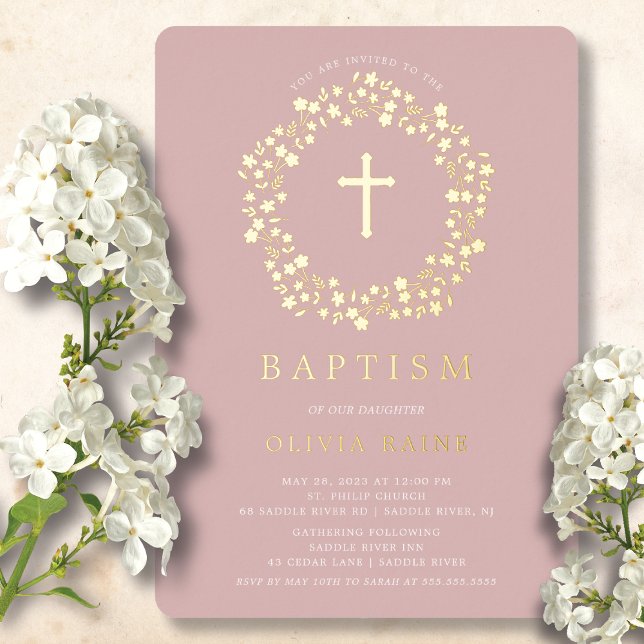 Blush Floral First Baptism Foil Invitation (Creator Uploaded)