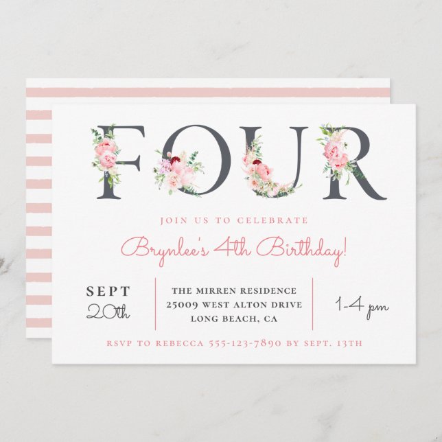 Blush Floral FOUR | 4th Birthday Party Invitation (Front/Back)