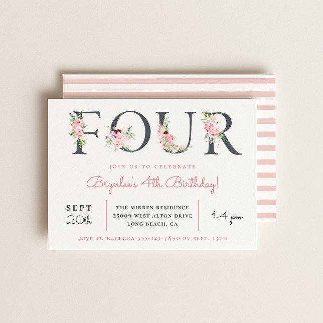 Blush Floral FOUR | 4th Birthday Party Invitation (Creator Uploaded)