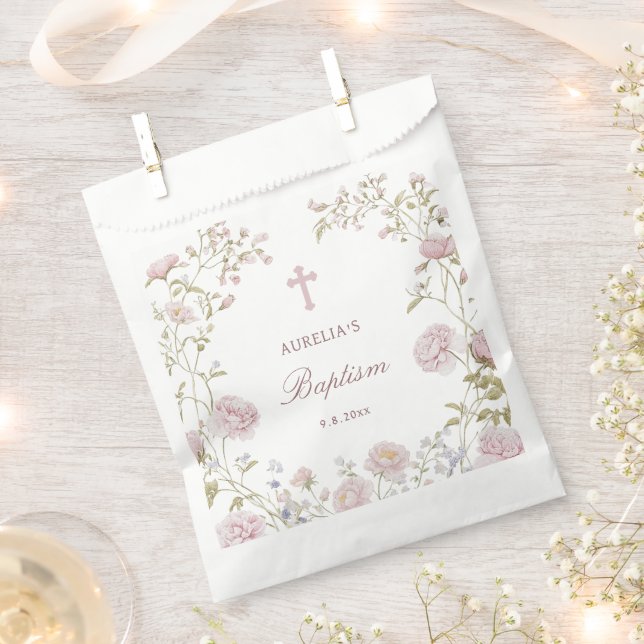 Blush Floral Frame Baptism Favour Bag (Clipped)