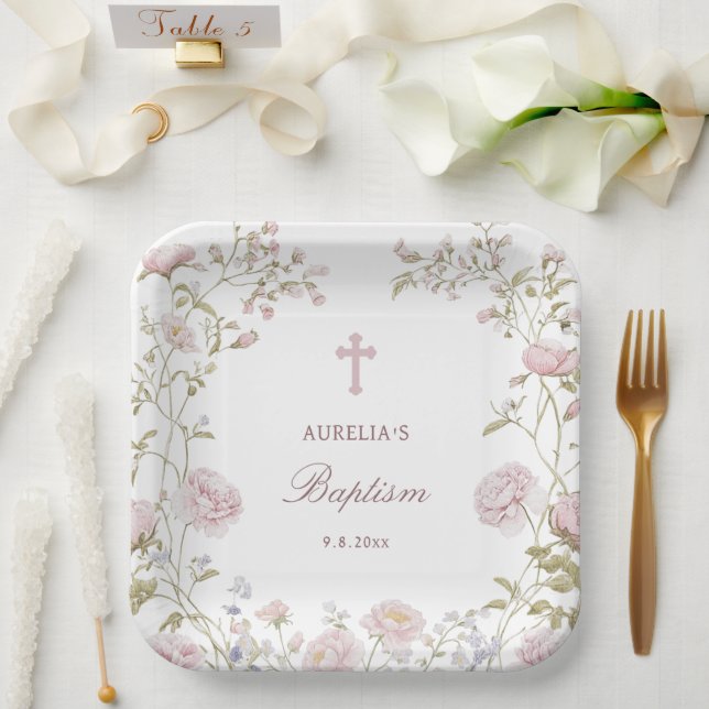 Blush Floral Frame Baptism Paper Plate (Wedding)