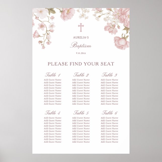 Blush Floral Frame Baptism Seating Chart (Front)