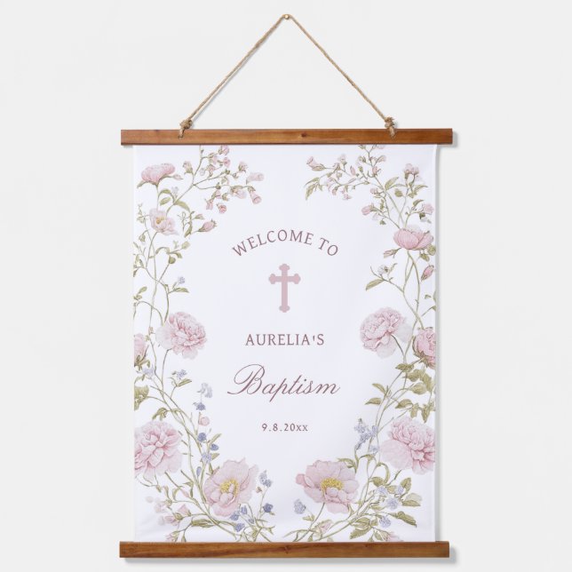 Blush Floral Frame Baptism Welcome Hanging Tapestry (Front)