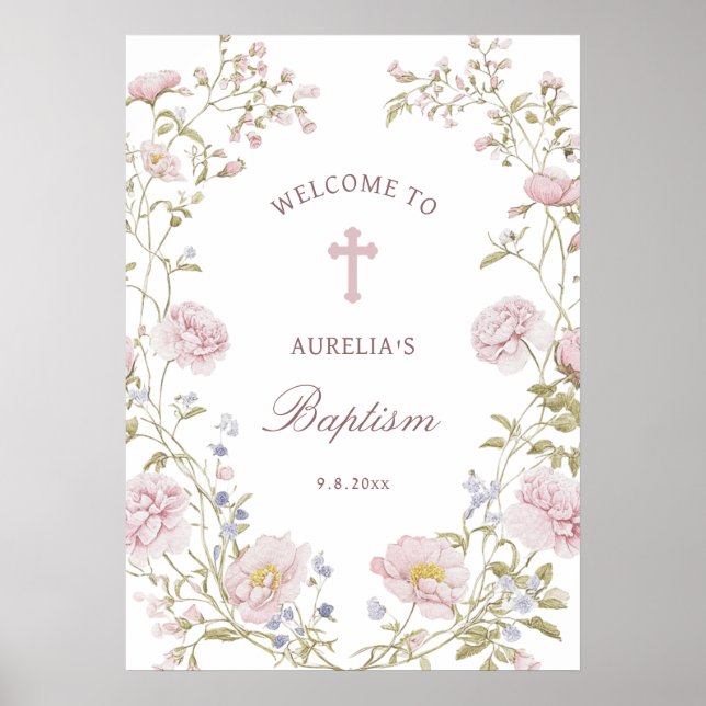 Blush Floral Frame Baptism Welcome Poster (Front)