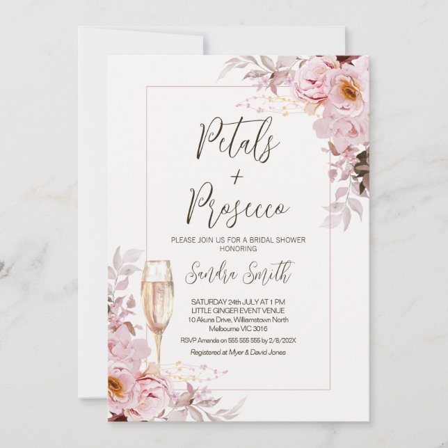 Blush Floral Frame Petals Prosecco Bridal Shower Invitation (Front)