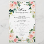 Blush Floral Geometric Botanical Wedding Menu<br><div class="desc">Elegant Blush pink / peach spring floral botanical wedding menu featuring a bouquet of soft pastel watercolor roses, peonies and hydrangeas in shades of blush pink, peach and cream with lush green botanical leaves and eucalyptus leaves. A modern design choice that is perfect for spring and summer sage blush pink...</div>