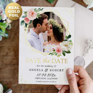 Blush Floral Geometric Photo Save the Date Real