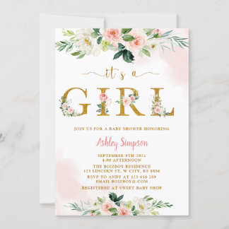 Blush Floral Gold Baby Shower Invitation
