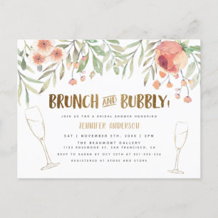 Blush Floral & Gold Brunch & Bubbly Bridal Shower Invitation Postcard