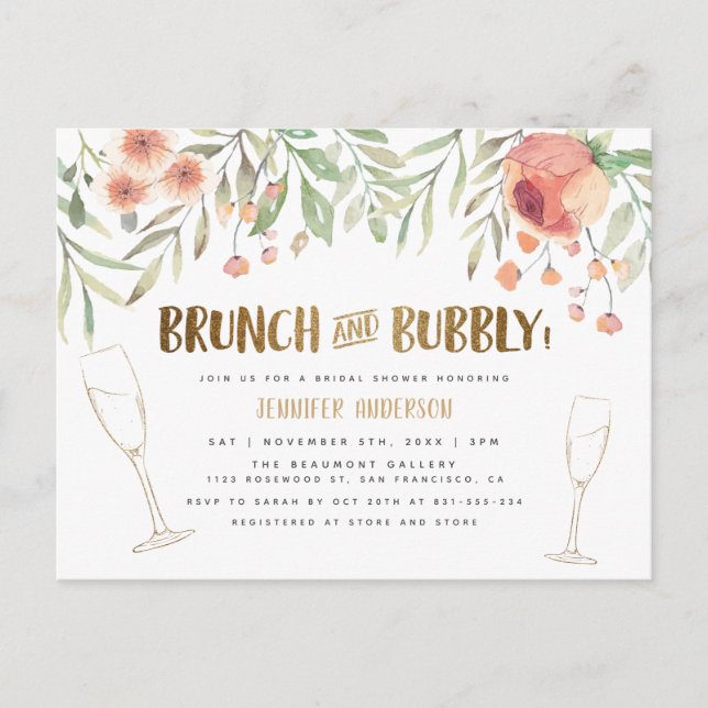Blush Floral & Gold Brunch & Bubbly Bridal Shower Invitation Postcard (Front)