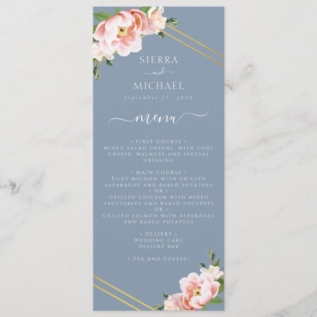 Blush Floral Gold Dusty Blue Wedding Reception Menu (Front)