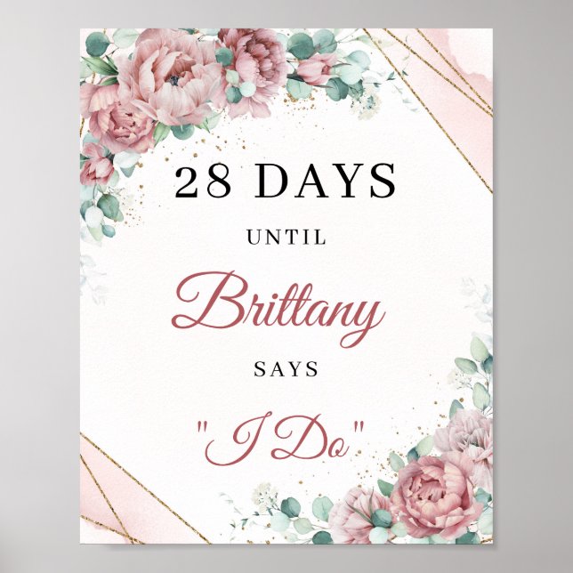 Blush floral gold frame eucalyptus count down sign (Front)