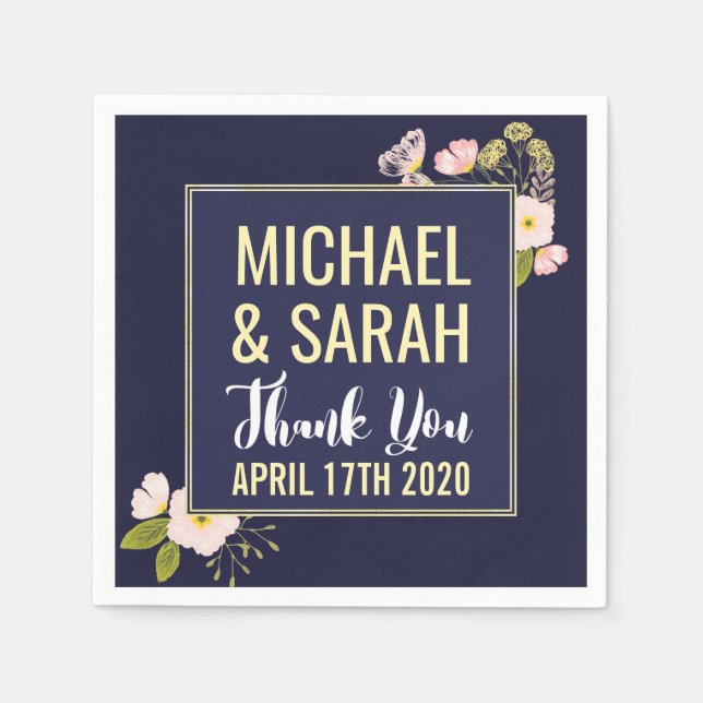 Blush Floral Gold Frame Navy Blue Custom Wedding Napkin (Front)