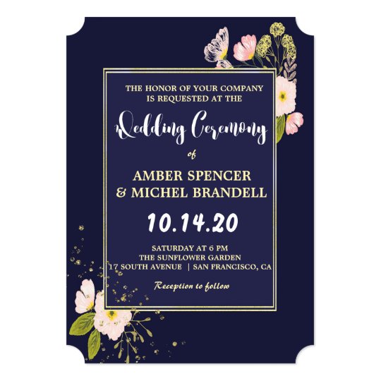 Blush Floral Gold Frame Navy Blue Modern Wedding Card