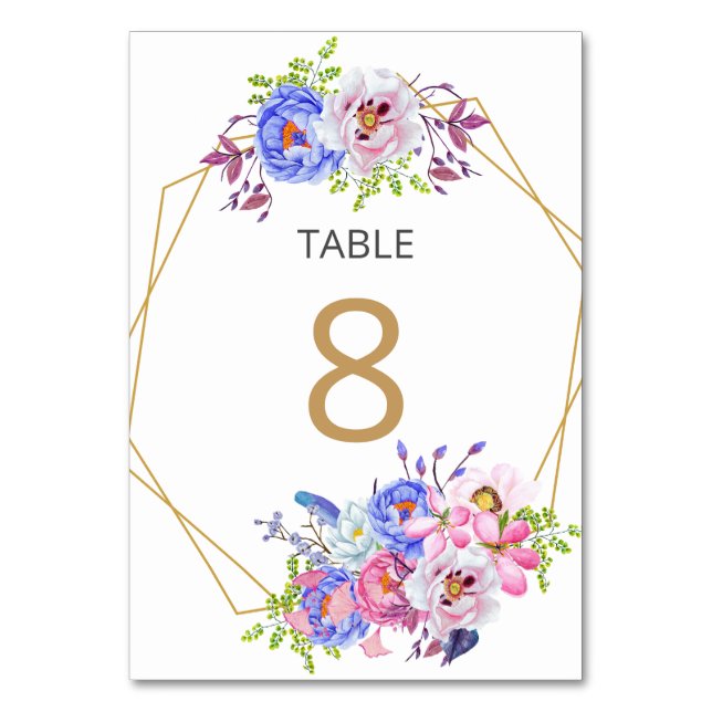 Blush Floral Gold Frame Wedding Table Number Card (Front)