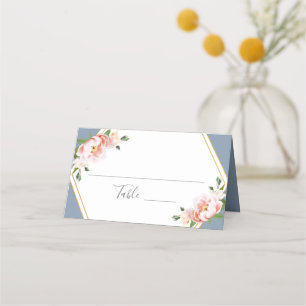 Blush Floral Gold Geometric Dusty Blue Wedding Place Card
