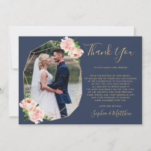 Blush Floral Gold Geometric Navy Photo Wedding Thank You Card