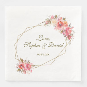 Blush Floral Gold Glitter Frame Wedding Napkin
