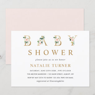 Blush Floral Gold Letters Baby Shower Invitation