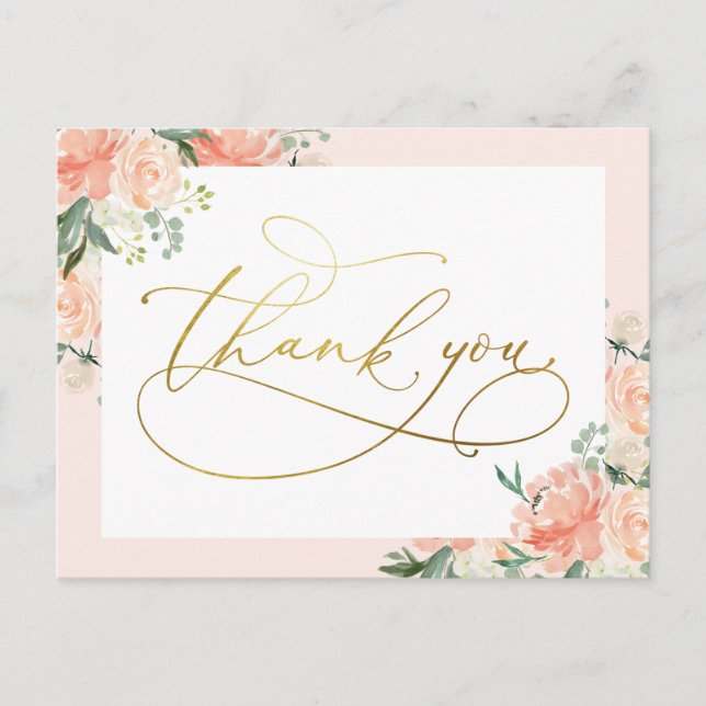 Blush Floral & Gold Script Thank You Postcard (Front)
