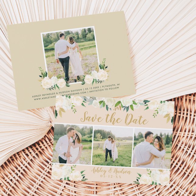 Blush Floral Gold Script Three Photo Wedding Save The Date (Creator Uploaded)