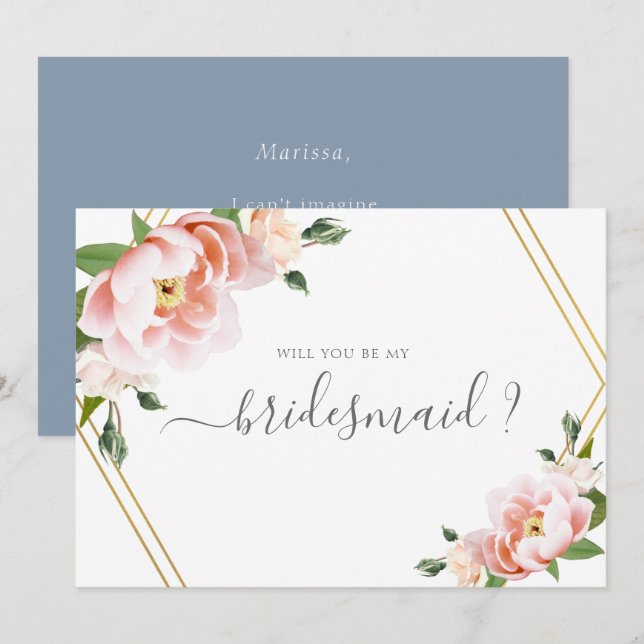 Blush Floral Gold Will You Be My Bridesmaid Invitation (Front/Back)