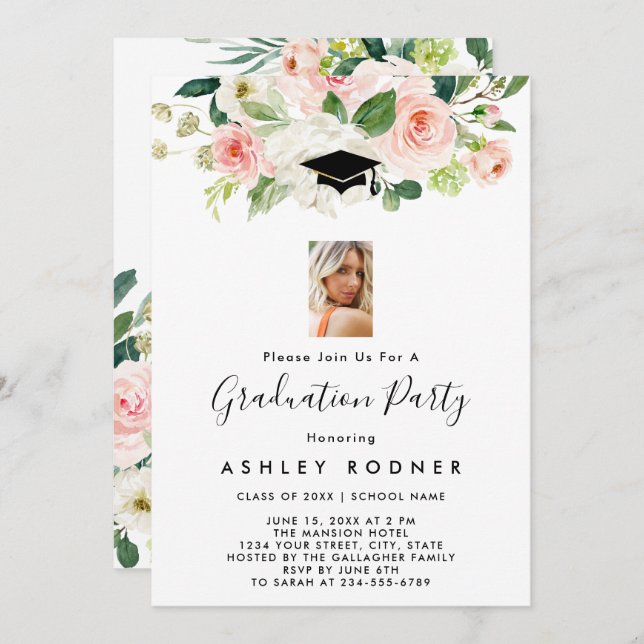 Blush Floral Graduation Invitations (Front/Back)
