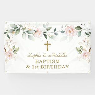 Blush Floral Green Gold Leave Baptism Welcome Sign
