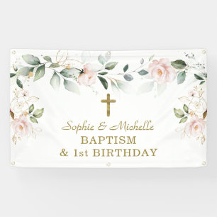 Blush Floral Green Gold Leave Baptism Welcome Sign