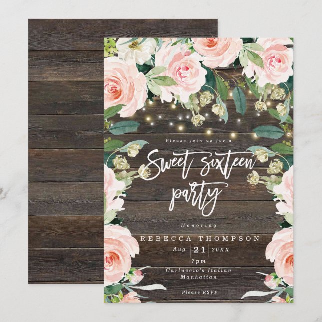 blush floral greenery lights modern sweet 16 invitation (Front/Back)