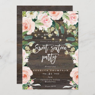 blush floral greenery lights modern sweet 16 invitation