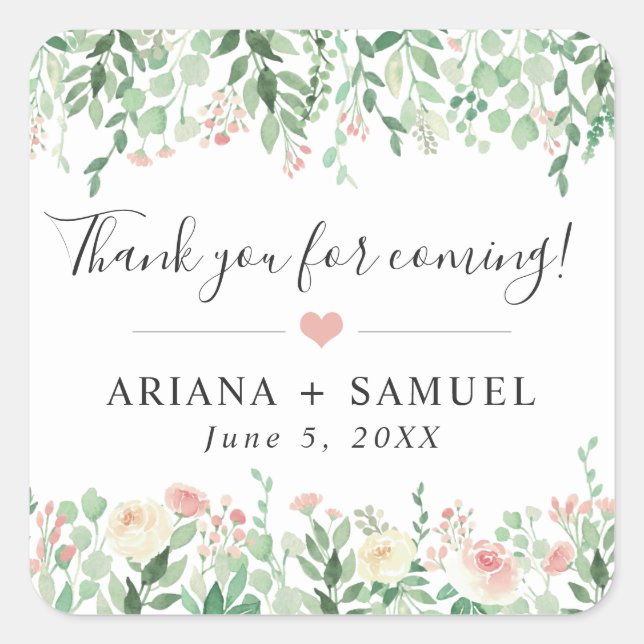 Blush Floral Greenery wedding thank you favour Square Sticker (Front)