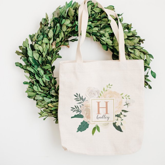 Blush Floral Greenery Wreath Wedding Monogram Tote Bag (Creator Uploaded)