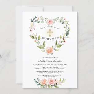 Blush Floral Heart Frame Cross Girl Confirmation Invitation