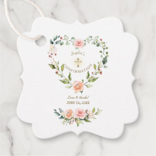 Blush Floral Heart Gold Cross Girl Confirmation Favour Tags